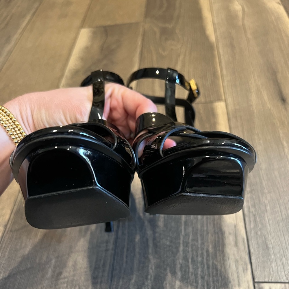 New Saint Laurent black patent tribute sandal heels 4” - Picture 7 of 9